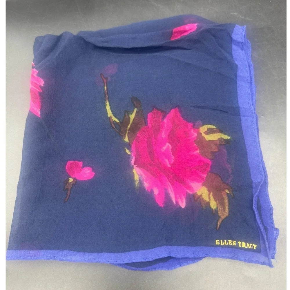Ellen Tracy Vintage Square Scarf Navy Blue Pink Floral Rose Print Sheer